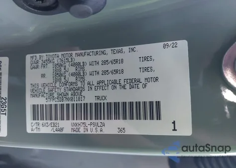 2022 Toyota Tundra Hybrid Trd Pro из США, поврежденный, VIN 5TFPC5DB7NX011817